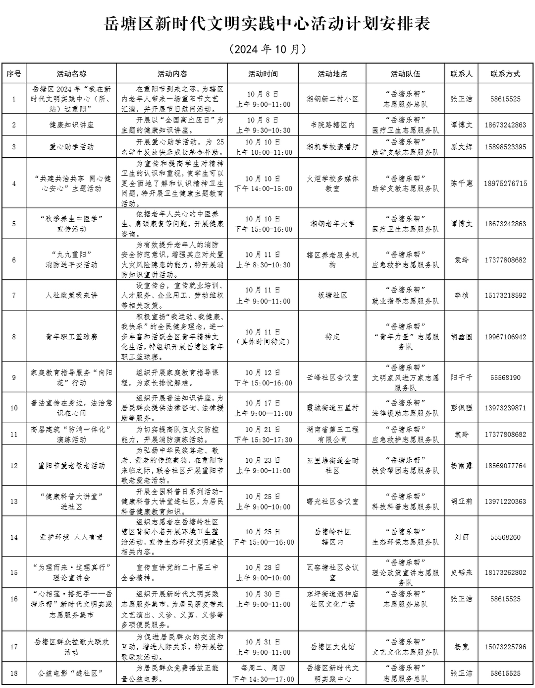 岳塘區(qū)新時代文明實踐中心10月活動安排