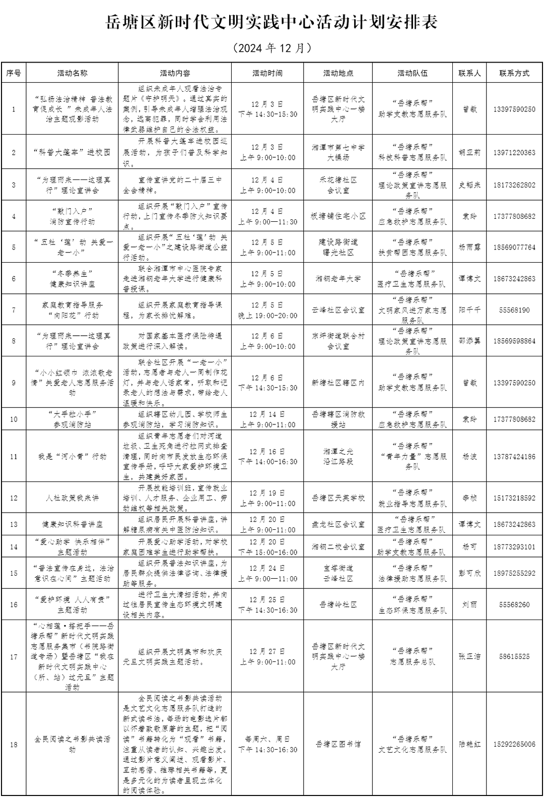 岳塘區(qū)新時代文明實踐中心12月活動安排