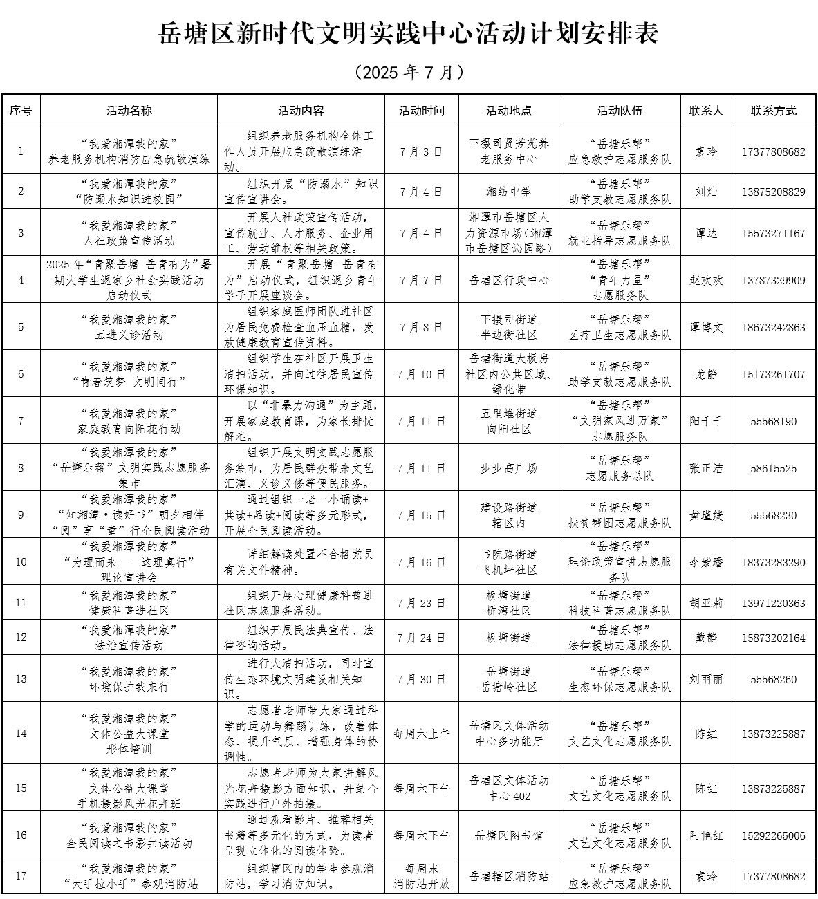 岳塘區(qū)新時代文明實(shí)踐中心7月活動安排