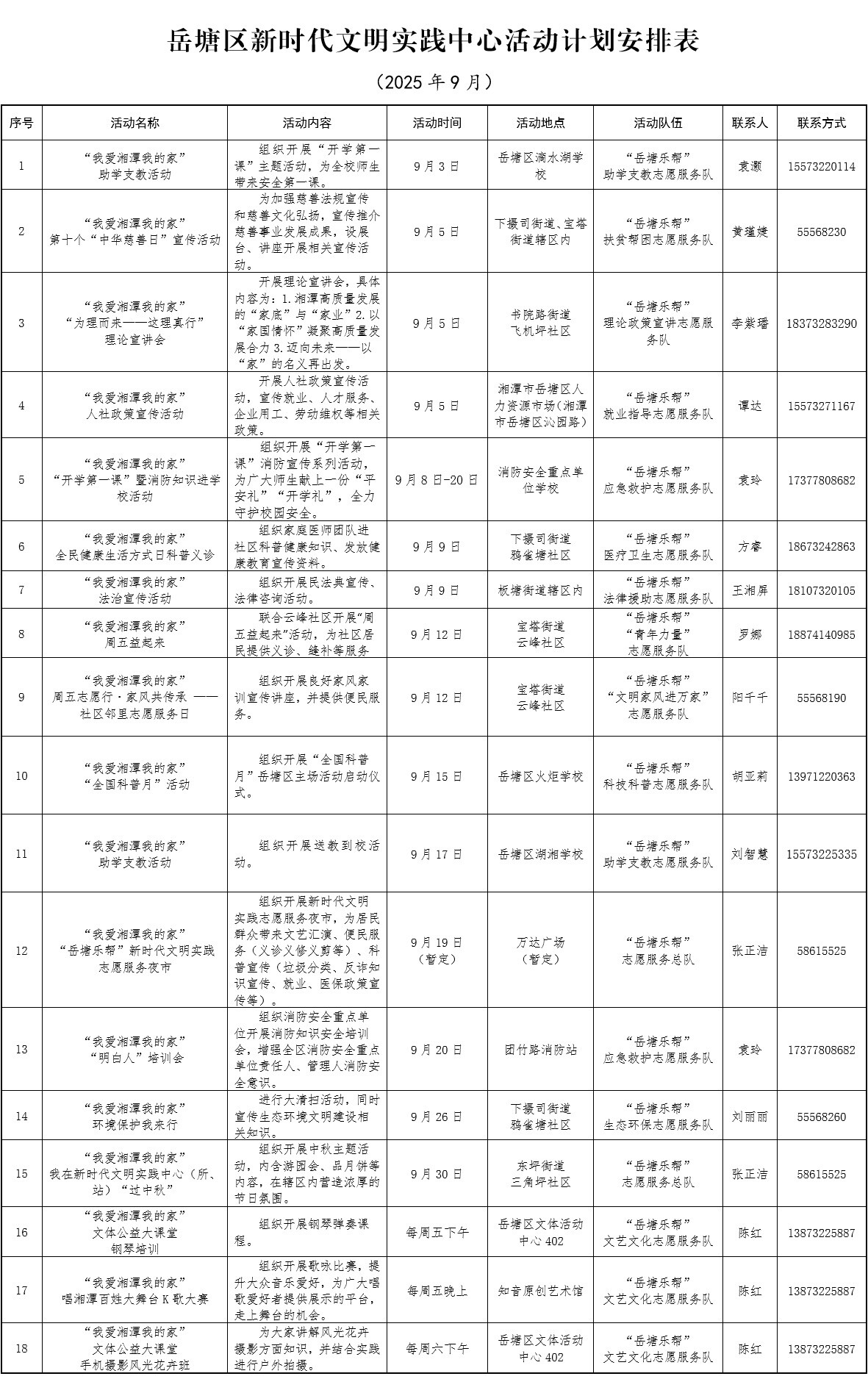 岳塘區(qū)新時(shí)代文明實(shí)踐中心9月活動安排