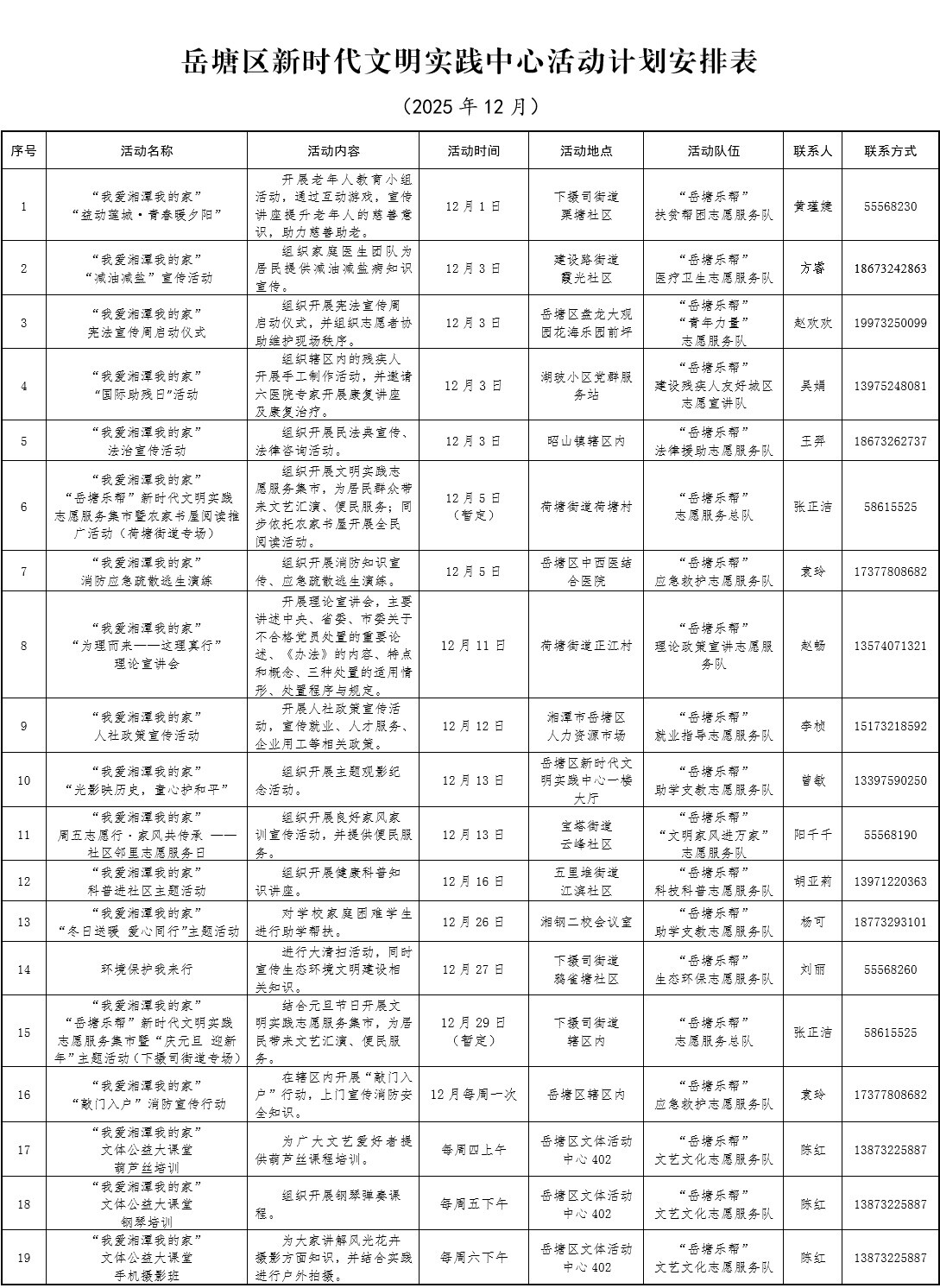 岳塘区新时代文明实践中心12月活动安排