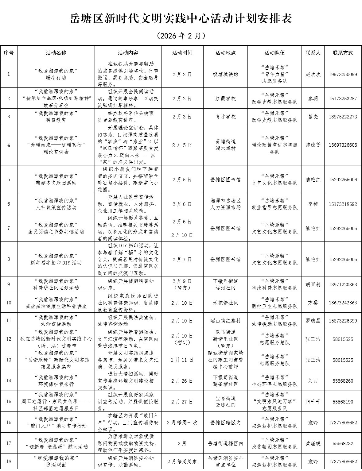 岳塘区新时代文明实践中心2月活动安排