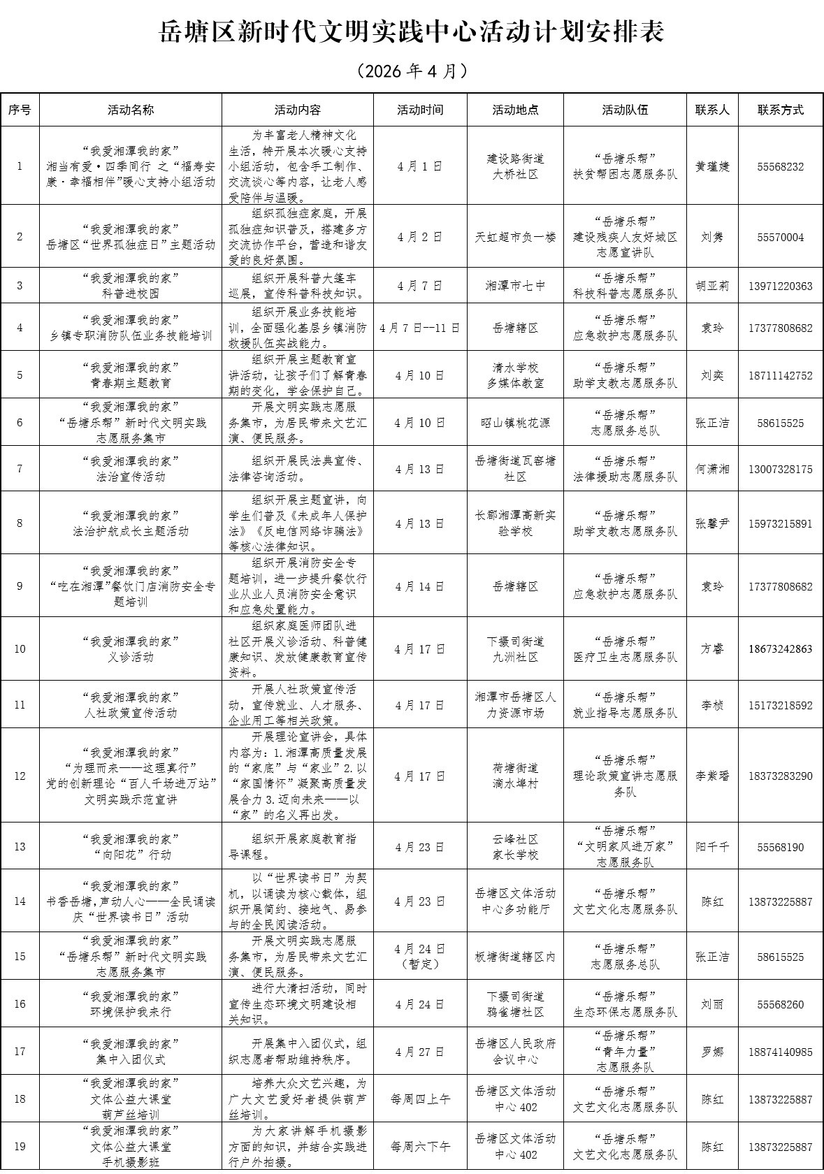 岳塘区新时代文明实践中心4月活动安排