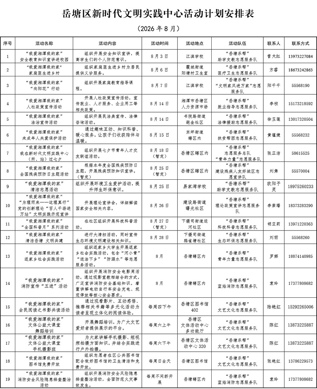岳塘区新时代文明实践中心8月活动安排
