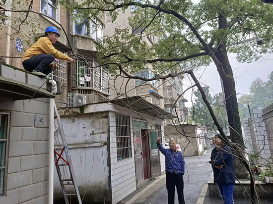 我為群眾辦實事 泗神廟社區(qū)清理空中網(wǎng)線亂象